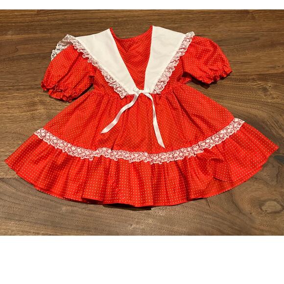 kandy ann Other - Kandy Ann Vintage Dress Girls 2T Toddler Red White Lacy Ruffle Tie Bow Pageant